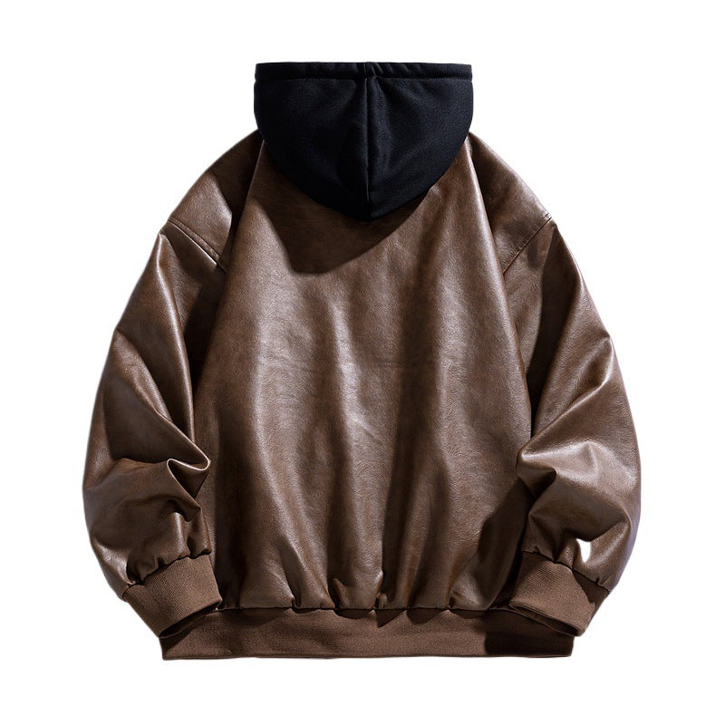 Herr Casual Läderimitation Pilot Jacka i Oversized Passform med Kontrast Huva &amp; Tryckknapp Knapp Slå