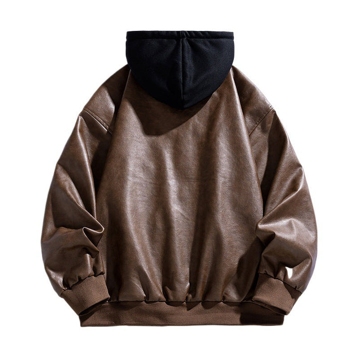Herr Casual Läderimitation Pilot Jacka i Oversized Passform med Kontrast Huva &amp; Tryckknapp Knapp Slå