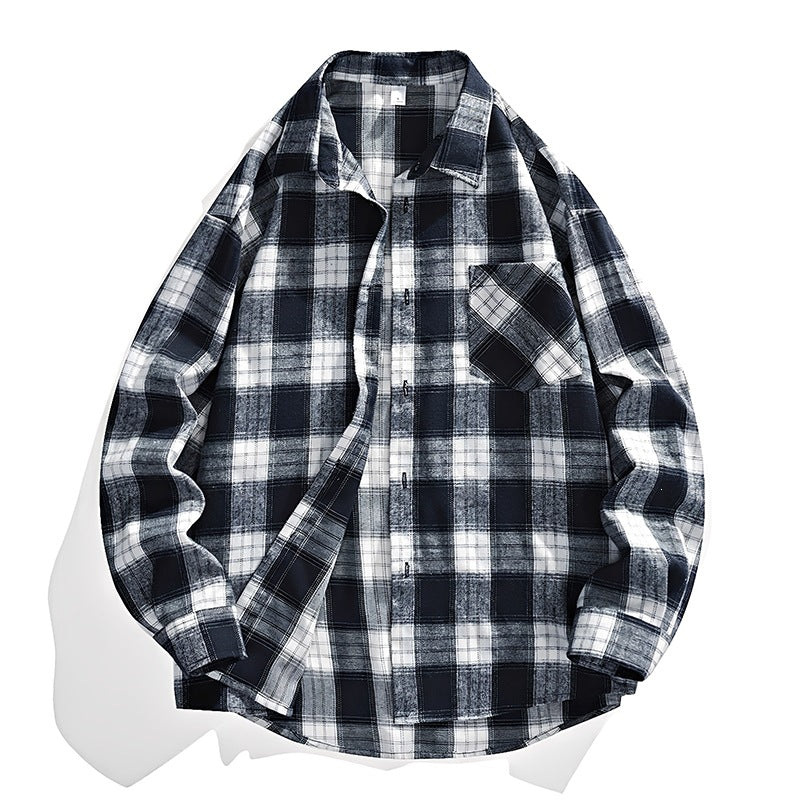 Herr Oversized Rutig Flannel Skjortjacka med Breast Ficka och Rundad Fåll