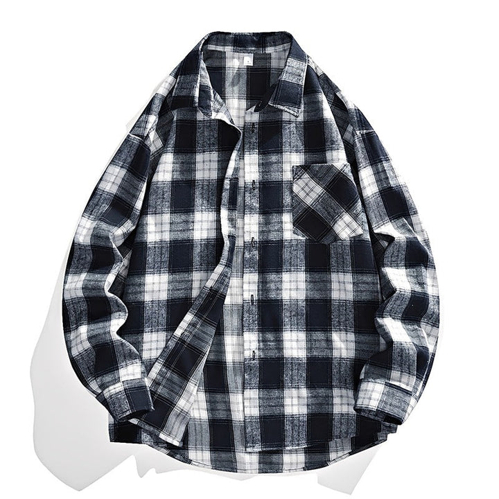 Herr Oversized Rutig Flannel Skjortjacka med Breast Ficka och Rundad Fåll