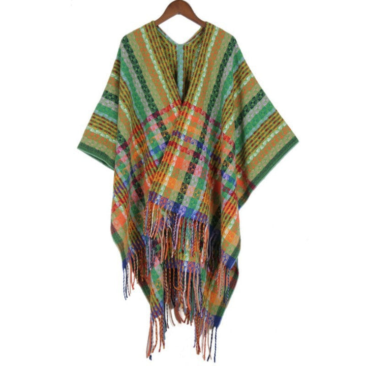 Dam Multicolored Woven poncho i Boho Patchwork design med Fringes