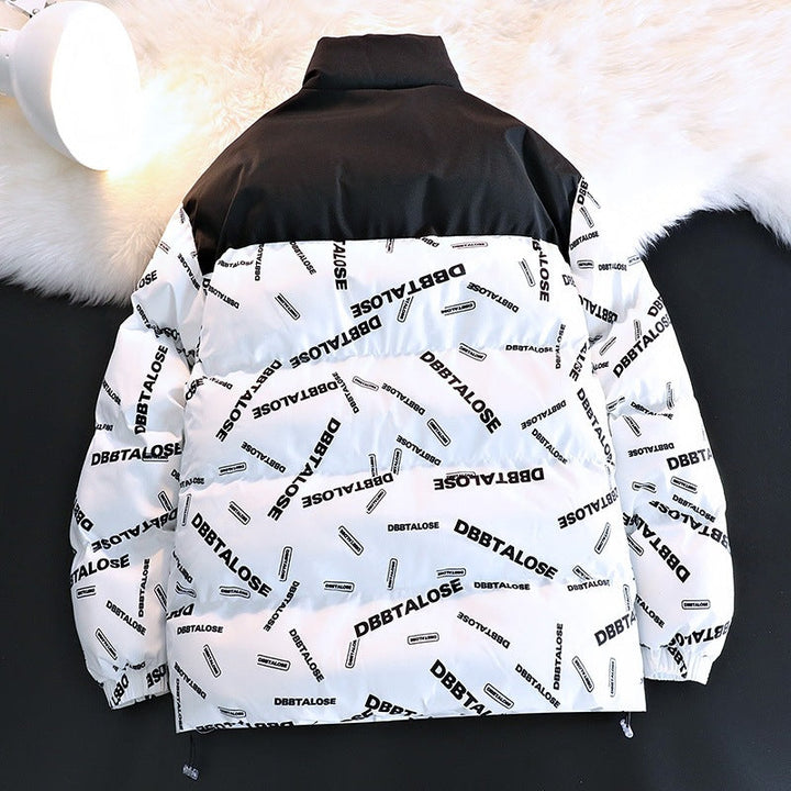 Unisex vadderad kviltad jacka med Allover Logo tryck, hög ståkrage &amp; justerbar fåll