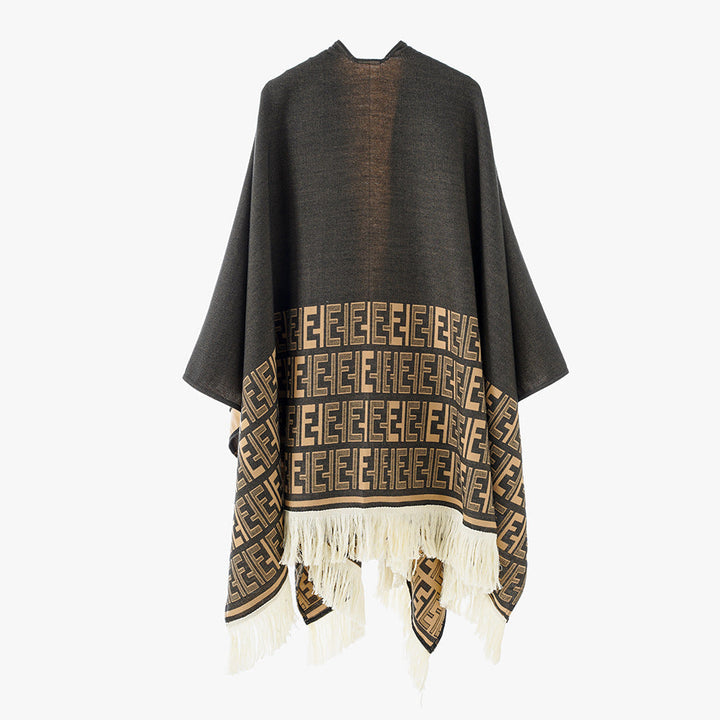 Dam Reversible capeponcho med monogram Border och fransfåll