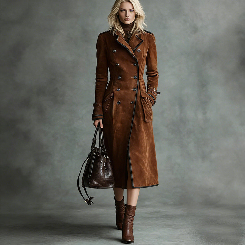 Dam längre skräddad trenchcoat in mocka look med Double-Breasted knappslå och Buckle muddar