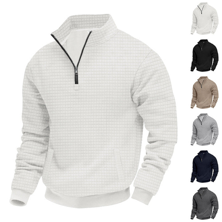 Herr Waffle Texture Halv Dragkedja Pullover med Ståkrage och Subtle Sidofickor