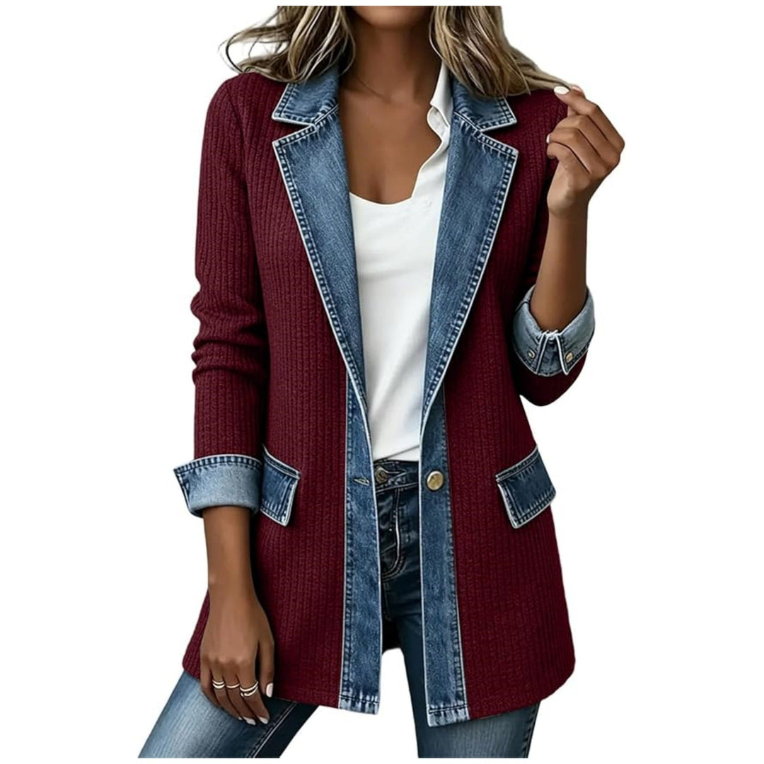 Dam knit blazer med denim trim och skräddad skärning