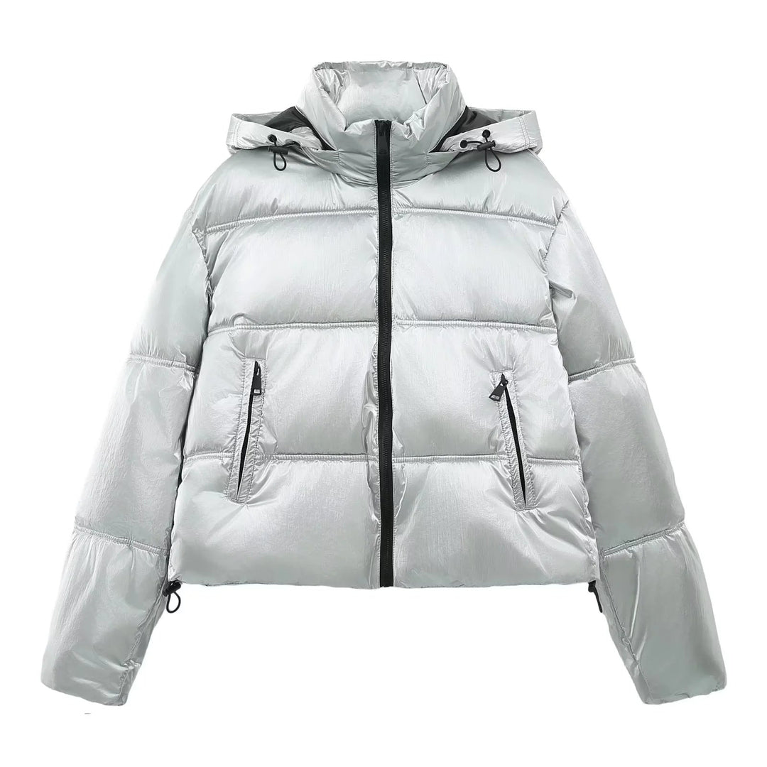 Dam cropped quiltad down-look jacka med huva och drawstring fåll