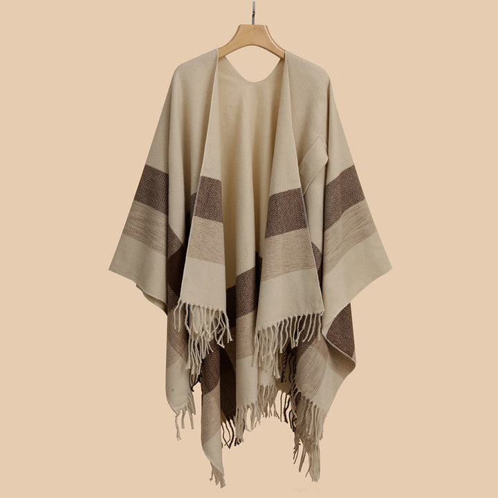 Dam lätt ullblandning kimono skärning Overlay med Herringbone kant och fransfåll