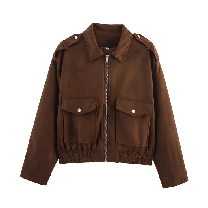 Dam cropped utility jacka med axel epaulettes, applied flap fickor, och elastisk fåll