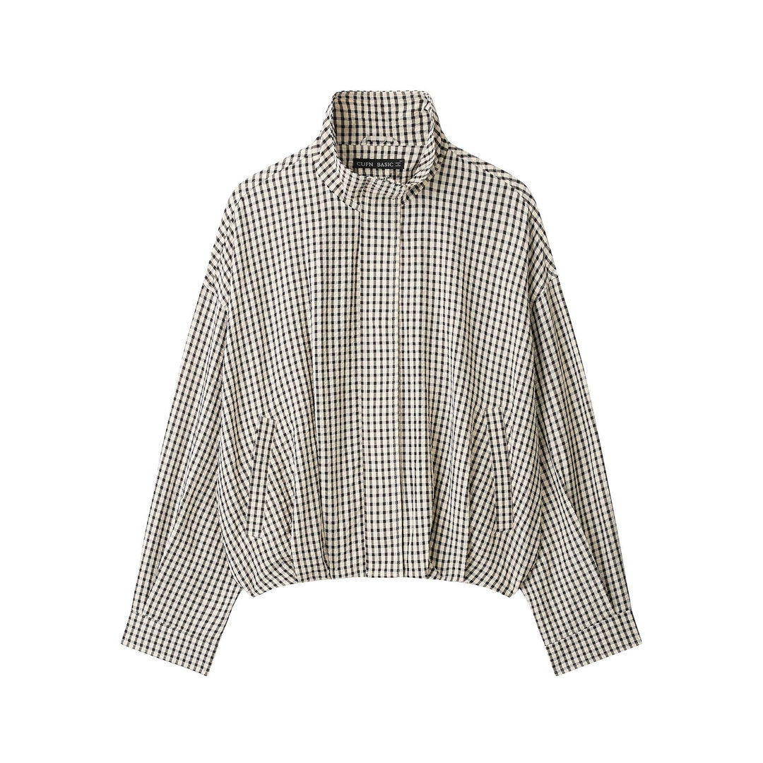Dam Check Kort Oversize Jacka med Funnel Krage och Tulip Shape