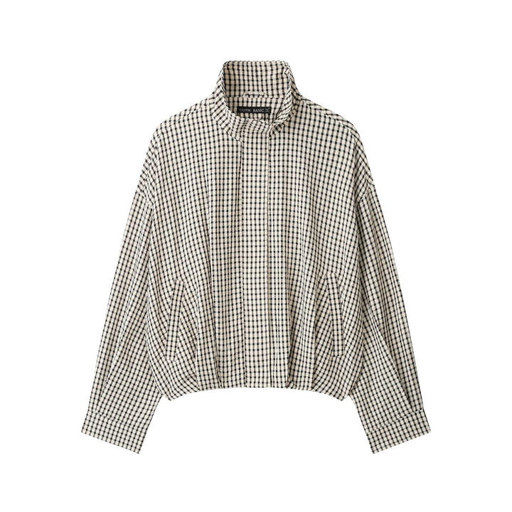 Dam Check Kort Oversize Jacka med Funnel Krage och Tulip Shape