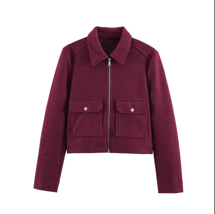 Dam 70+ Kort Ull Blend Blouson Jacka med Dragkedja, Skjort Krage och Lock Fickor