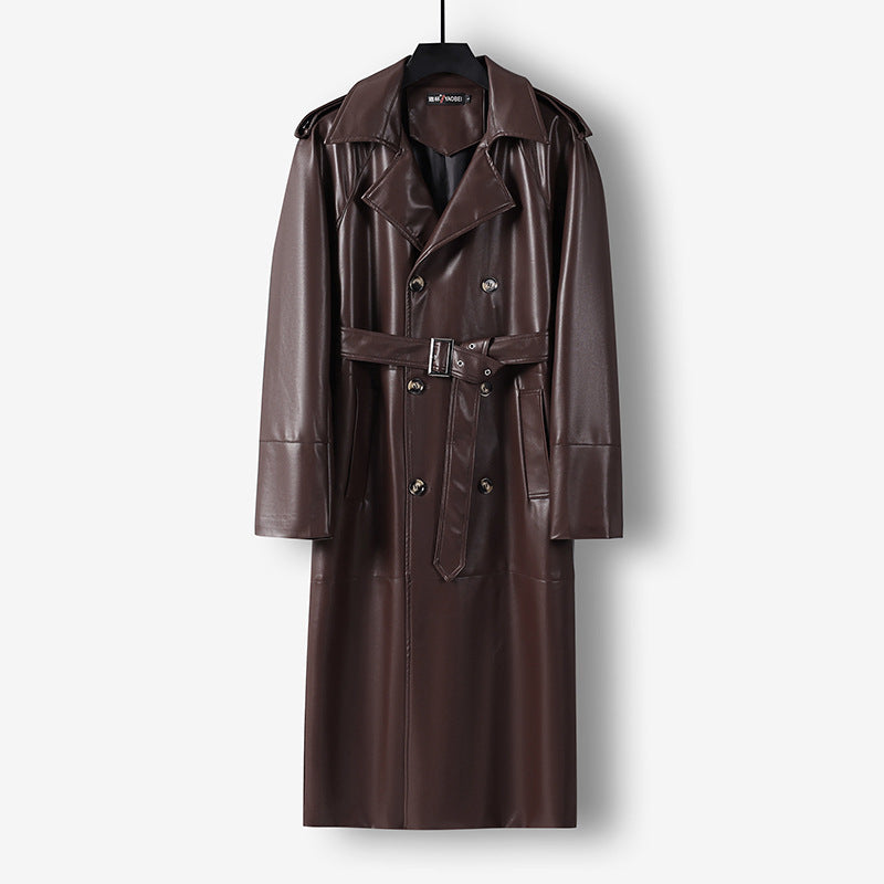 Herr Lång Läderimitation Trench Kappa med Dubbel Breasted, Belted Midja och Axelklaffar