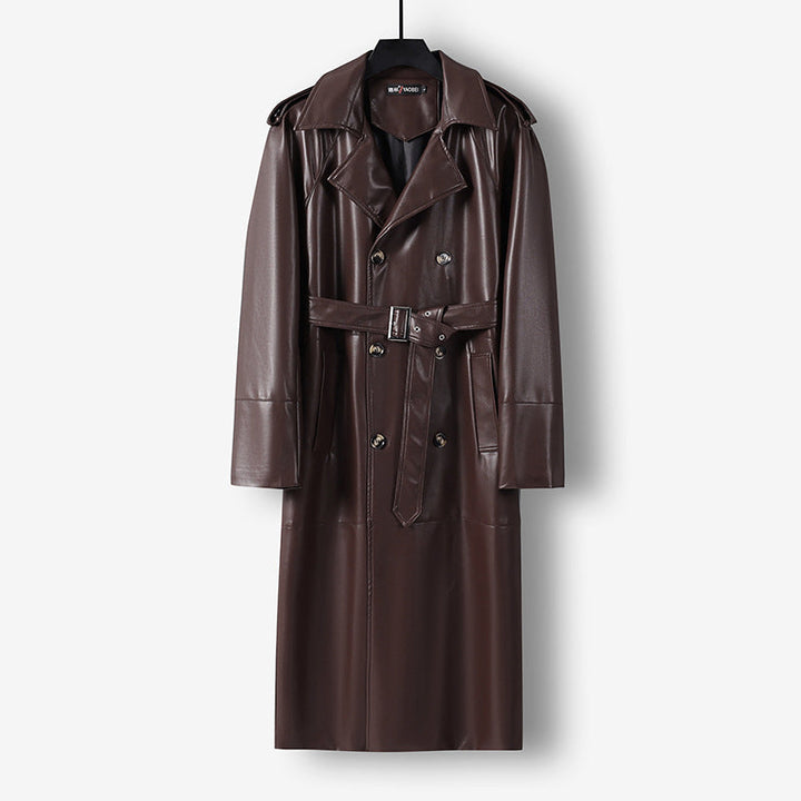 Herr Lång Läderimitation Trench Kappa med Dubbel Breasted, Belted Midja och Axelklaffar
