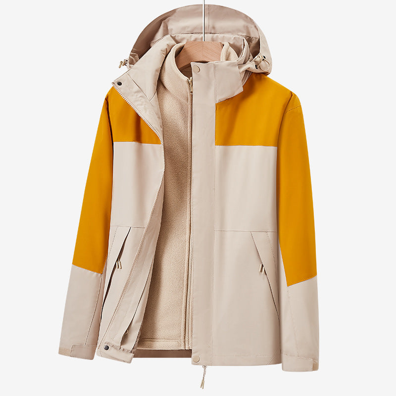 Unisex två-layer vattenavvisande utomhusjacka med huva och färg block design