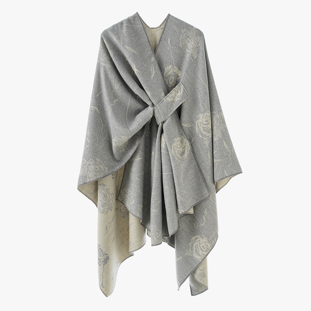 Dam Reversible capeponcho med Rose Jacquard och Tie bälte