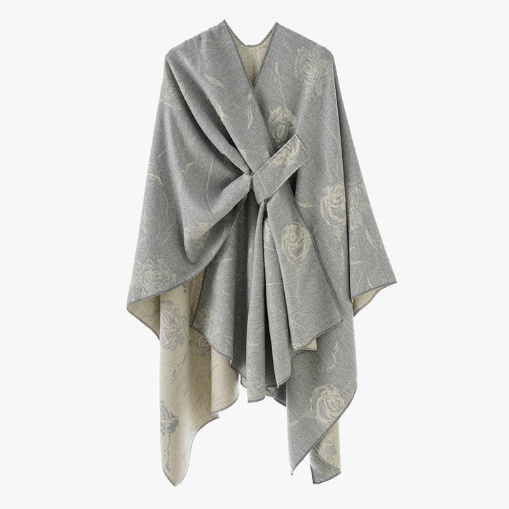 Dam Reversible capeponcho med Rose Jacquard och Tie bälte