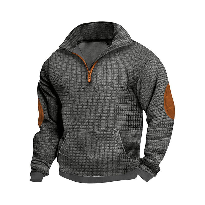 Herr Thermo-Regulating Waffle Stickad Halv Dragkedja Pullover med Känguruficka och Konstläder Elbow Lappar