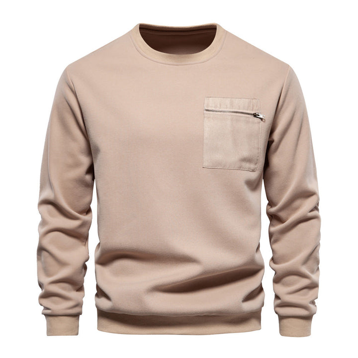 Herr Nano College-Tröja med Round Neck, Lapp Bröstficka med Horizontal Dragkedja och Ribbad Fåll