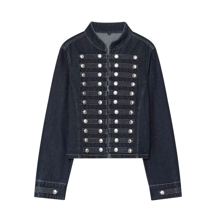 Dam Kort Denim Blouson i Tailcoat Stil med Dekorativ Row Knappar