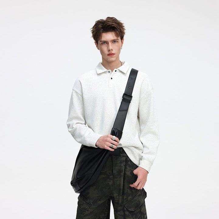 Herr Oversized Waffle Structure Polo Tröja med Halv Knapplist och Ribbstickade Muddar