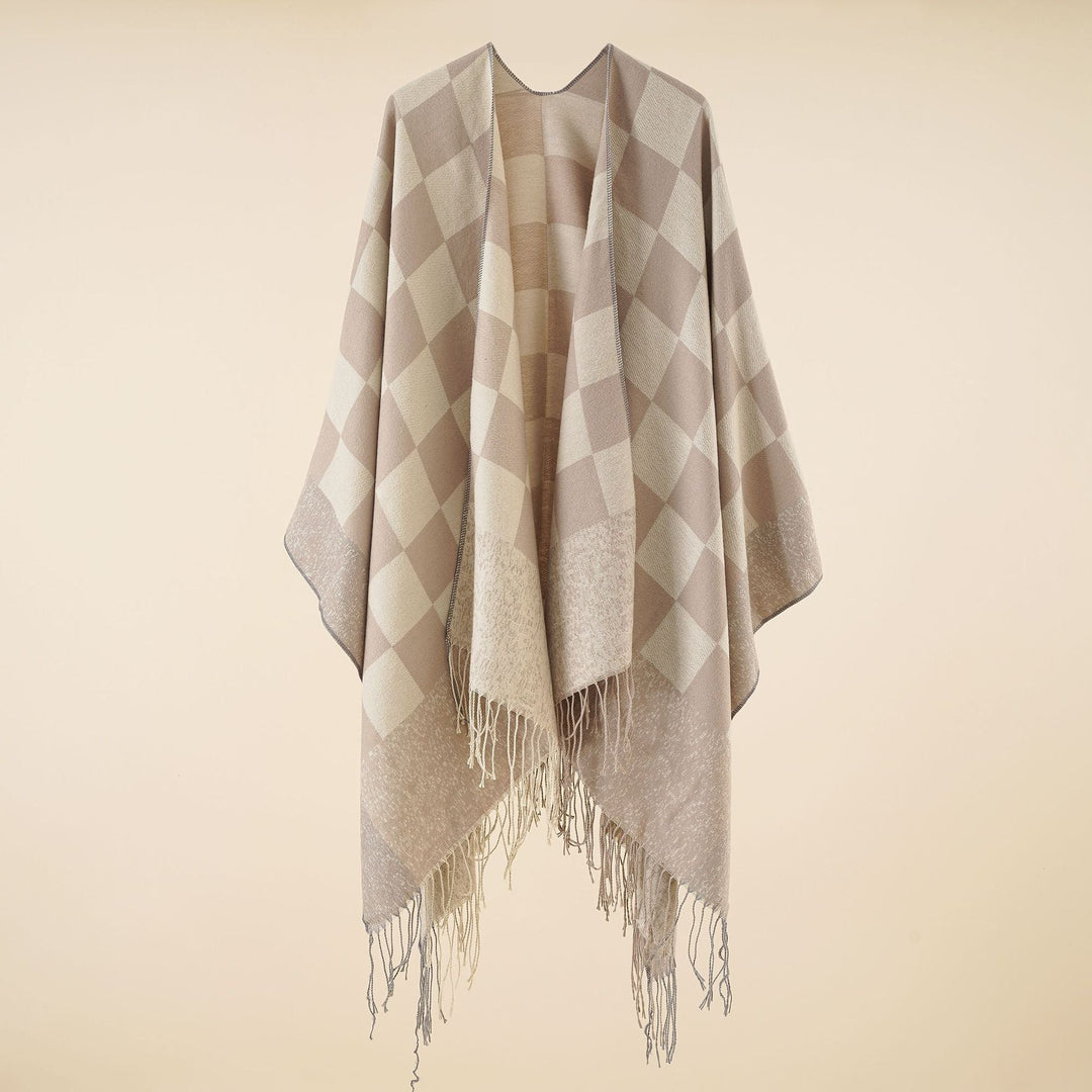 Dam oversized woven poncho med diamond mönster och fringes