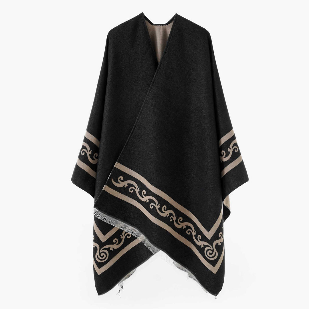 Dam Oversize Cape med Geometric Jacquard och fransfåll