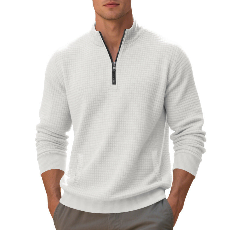 Herr Waffle Stickad Halv Dragkedja Pullover med Ståkrage, Känguruficka &amp; Ribbad Finishes