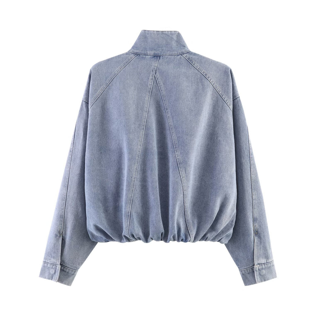 Dam Oversize Jeans Bomberjacka med Stå Krage och Drawstring