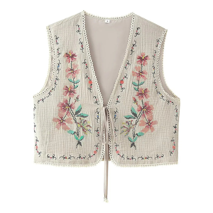Dam embroidered Boho väst med V-neck, front lacing och fin spets kant