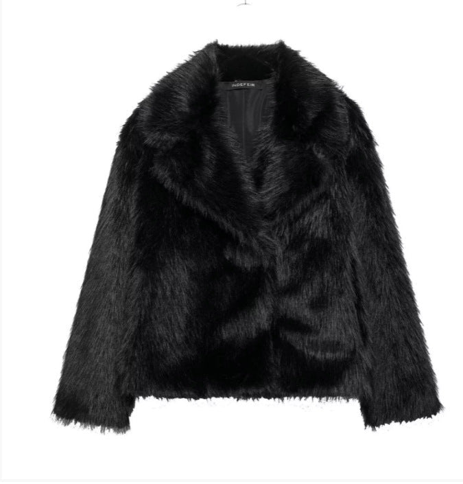 Dam 100+ Kort Faux Fur Jacka med Lapel Krage, Mjuk Teddy Fur och Dold Tryckknapp Knapp Knäppning