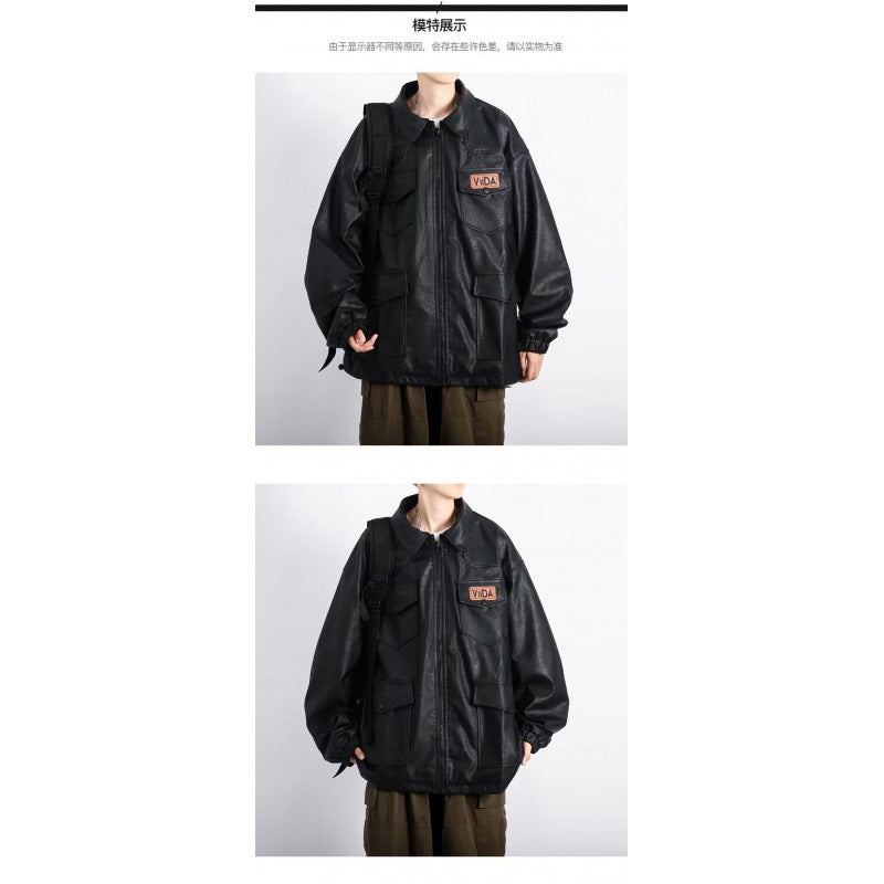 Unisex oversize Utility konstläder jacka med Multiple Flap fickor