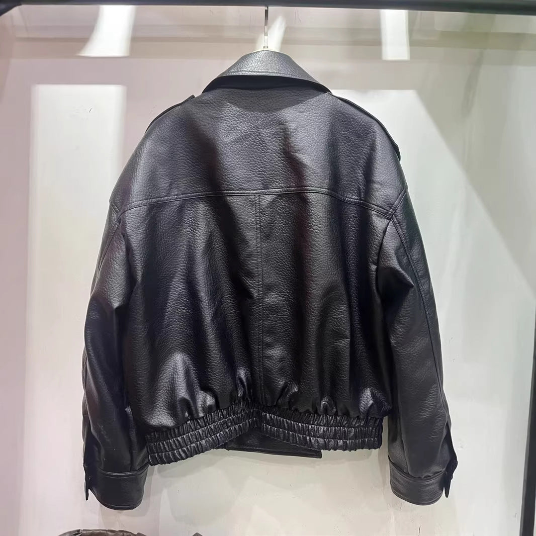 Dam cropped double-breasted konstläder blouson med bred krage och elastisk fåll
