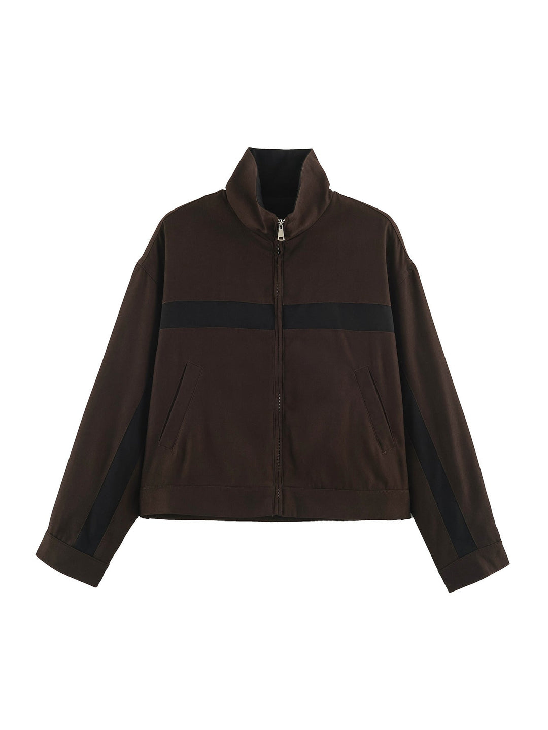 Dam Boxig Kort Övergångsjacka med Stå Krage, Contrast Stripes och Patch Fickor