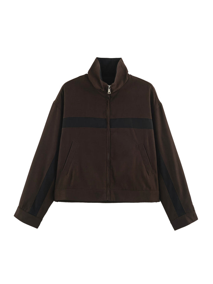 Dam Boxig Kort Övergångsjacka med Stå Krage, Contrast Stripes och Patch Fickor