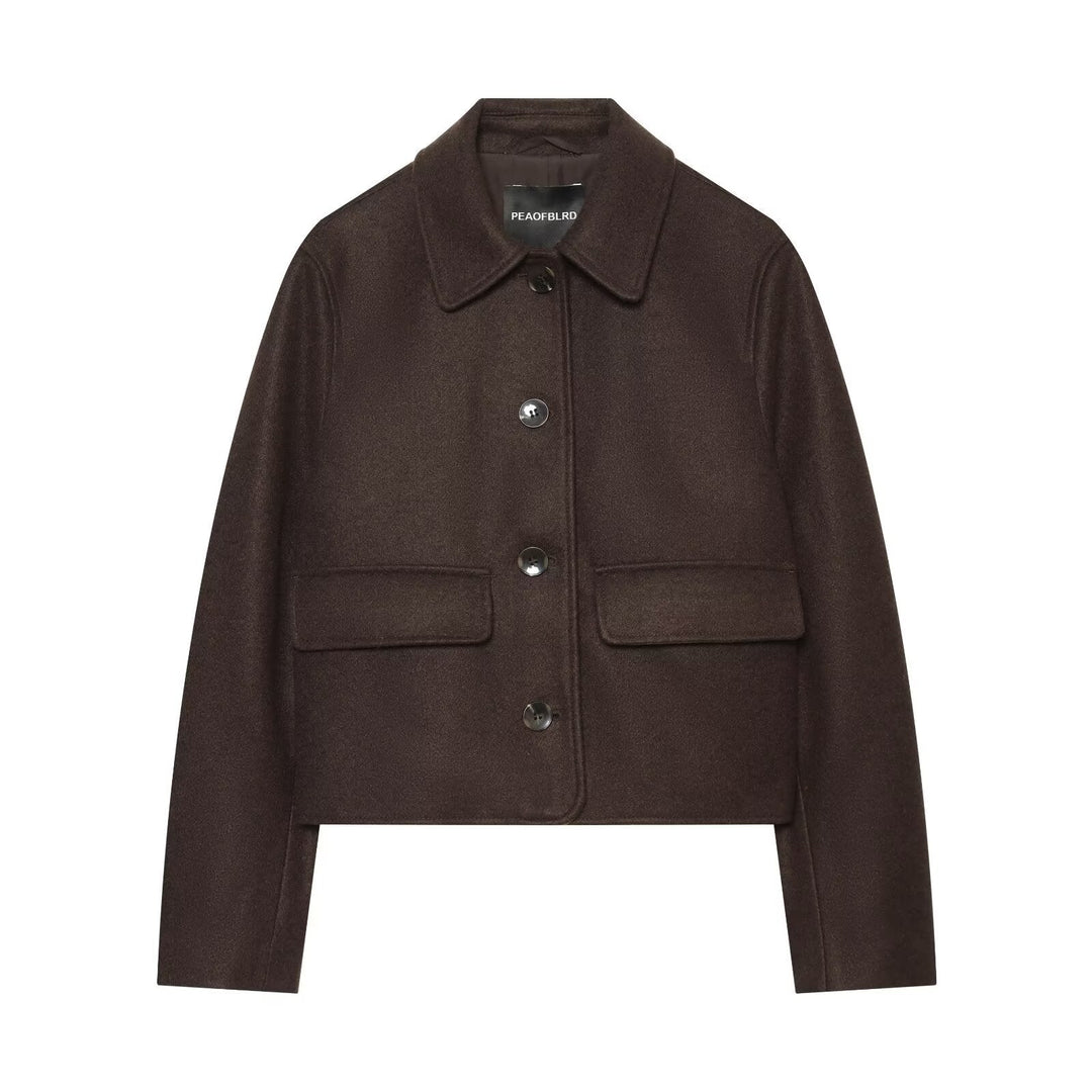 Dam Kort Boxig Ull Blouson med Skjort Krage och Lock Fickor