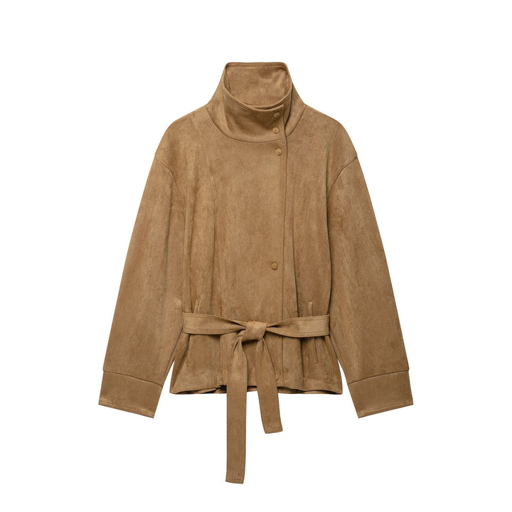 Dam Kort Suede Utilityjacka med Hög Stå Krage och Tie Belt