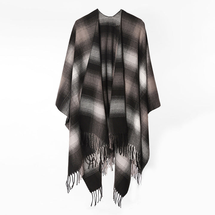 Dam Oversize ullblandning poncho Cape med Ombre Check mönster och fransfåll