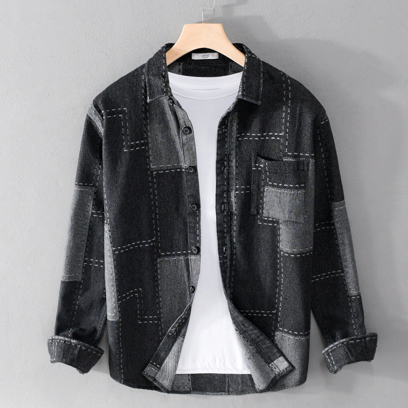 Herr Patchwork Skjortjacka Tillverkad av Texturerad Denim med Synlig Sömmar och Bröstficka