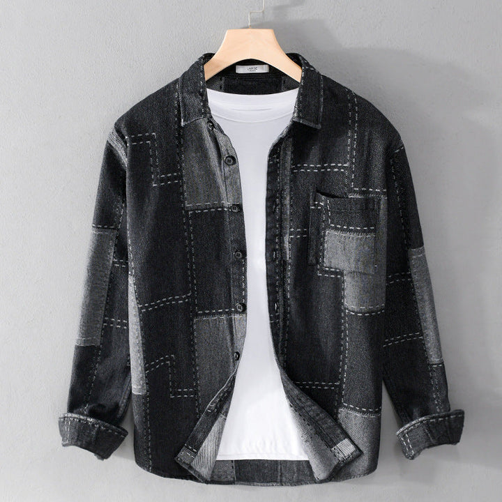 Herr Patchwork Skjortjacka Tillverkad av Texturerad Denim med Synlig Sömmar och Bröstficka