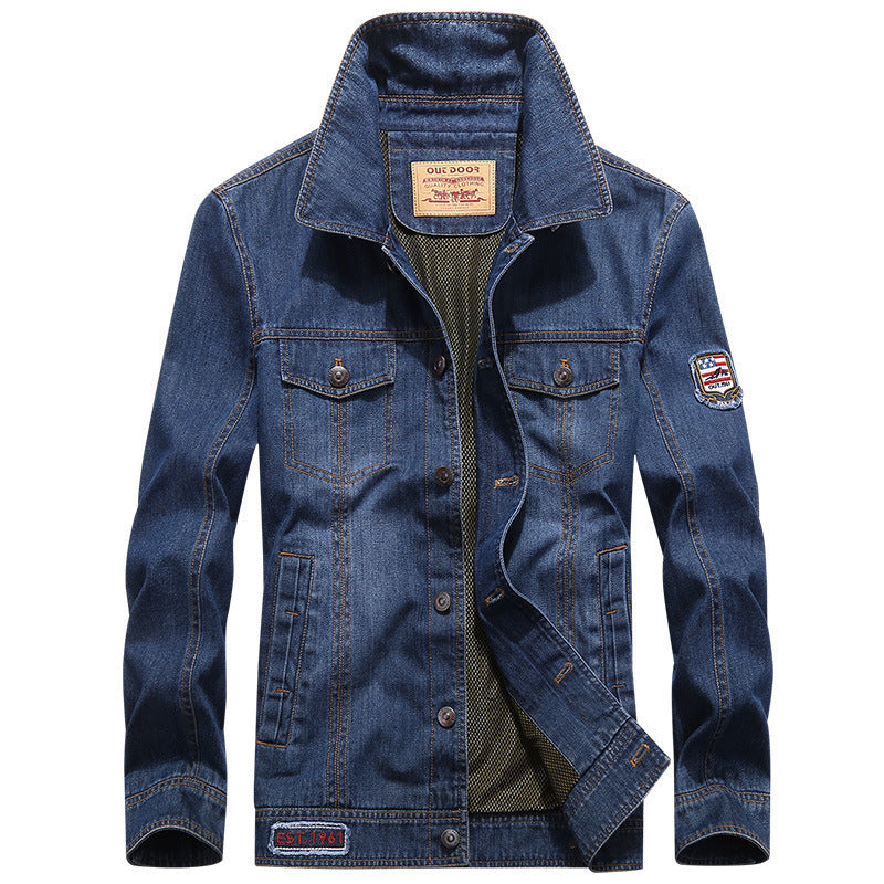 Herr Lätt Jeansjacka i Worker Blouson Stil med Andningsbar Mesh Foder och Ärm Patch