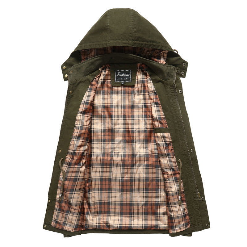 Herr Canvas Parka med Huva, Checkered Fodrad Interior och Utility Fickor