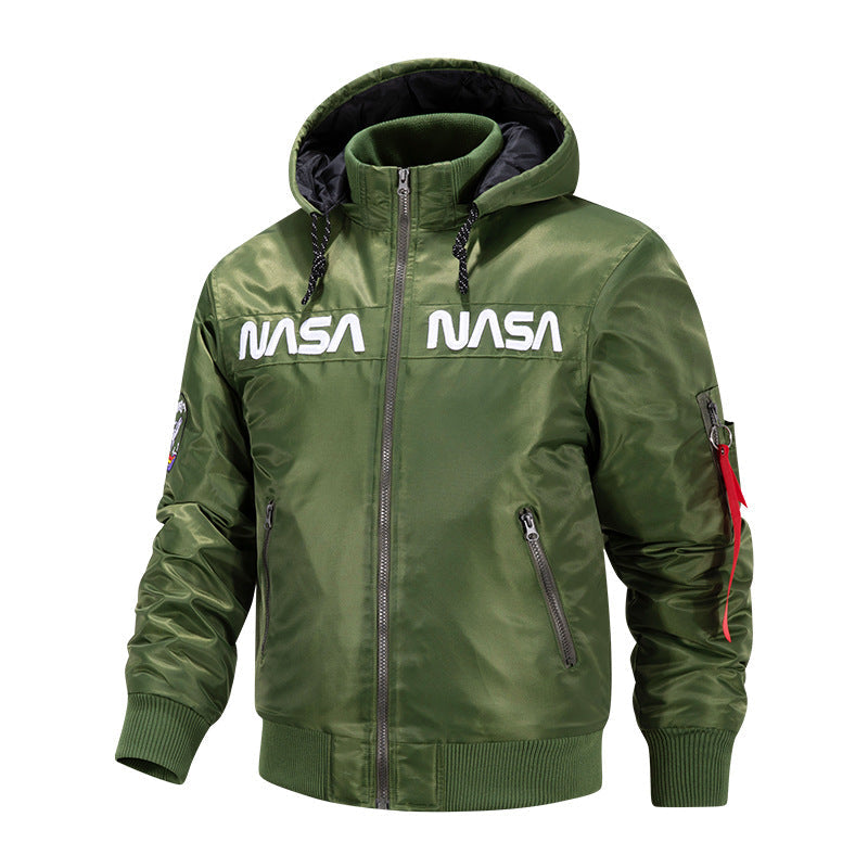 Herr Quiltad-Fodrad med Huva Pilot Bomber med Hög-Neck Rib Krage och Dragkedja Ärm Utility Ficka