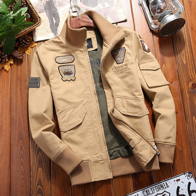 Herr Canvas Pilot Jacka med Embroidered Patches, Flera Fickor, och Ribbad Muddar