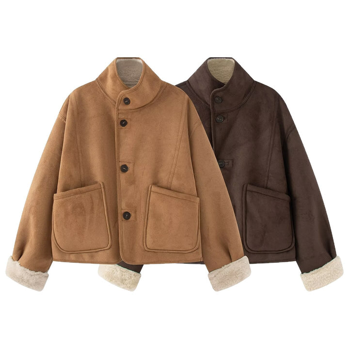 Dam Kort Sheepskin Look Jacka med Ståkrage och Stor Utanpåfickor