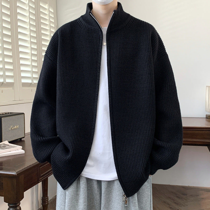 Herr Oversized Knit Zip Jacka med Hög Stående Krage och Fin Rib Structure