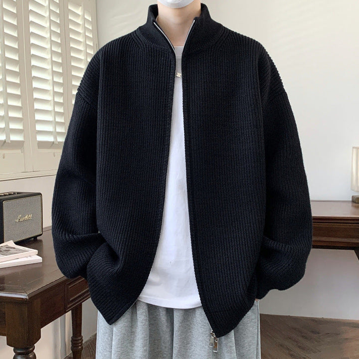 Herr Oversized Knit Zip Jacka med Hög Stående Krage och Fin Rib Structure
