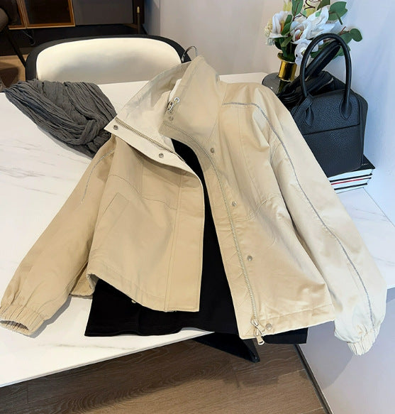 Dam lätt Overskjortjacka med ståkrage, stängning med tryckknappar &amp; kontrast Stitching