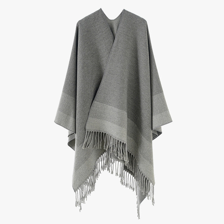 Dam Rectangular ullblandning poncho Wrap med öppen front och Fine fransfåll