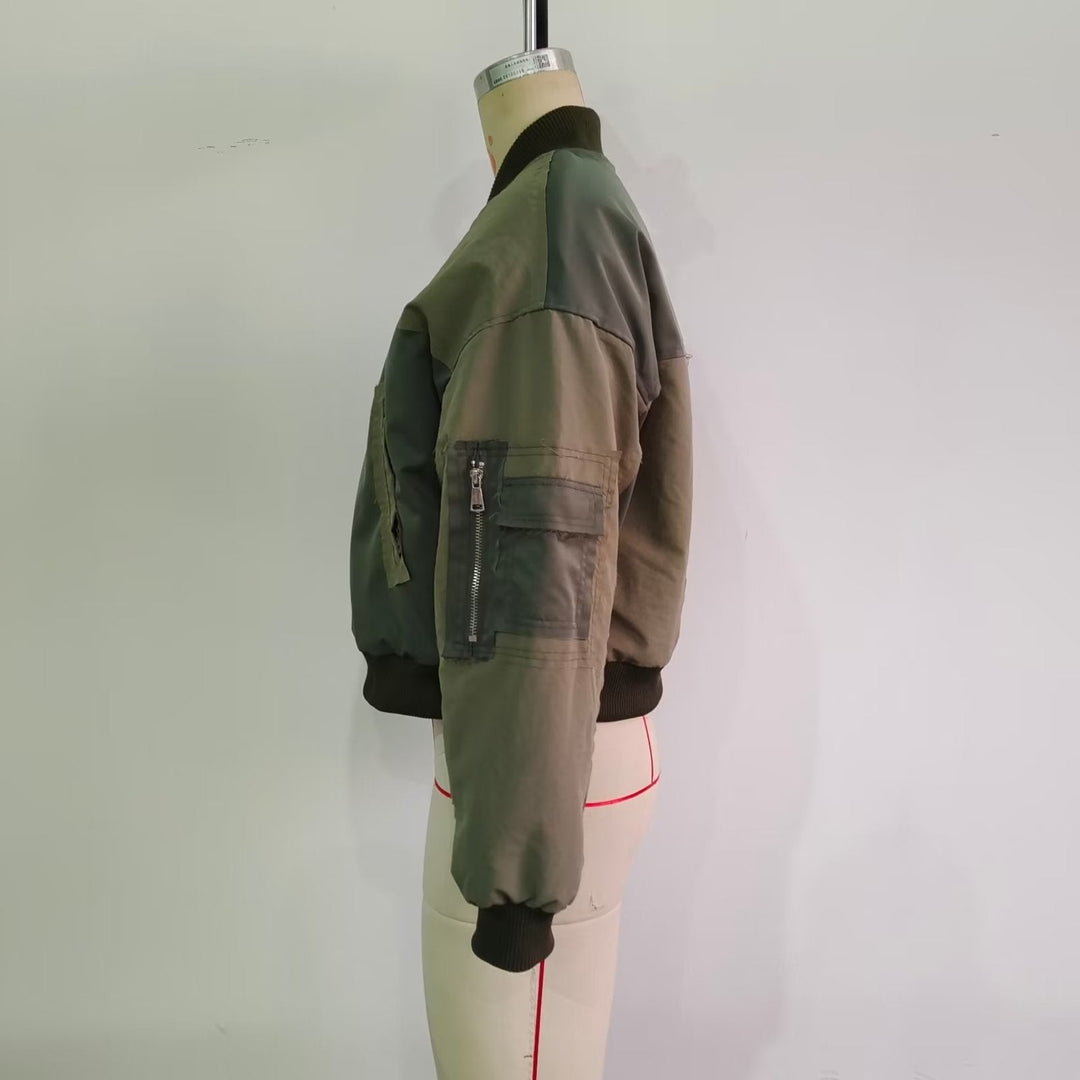 Dam kort-skärning utility bomber med patch detaljer, praktisk bröstfickor och ärm dragkedja